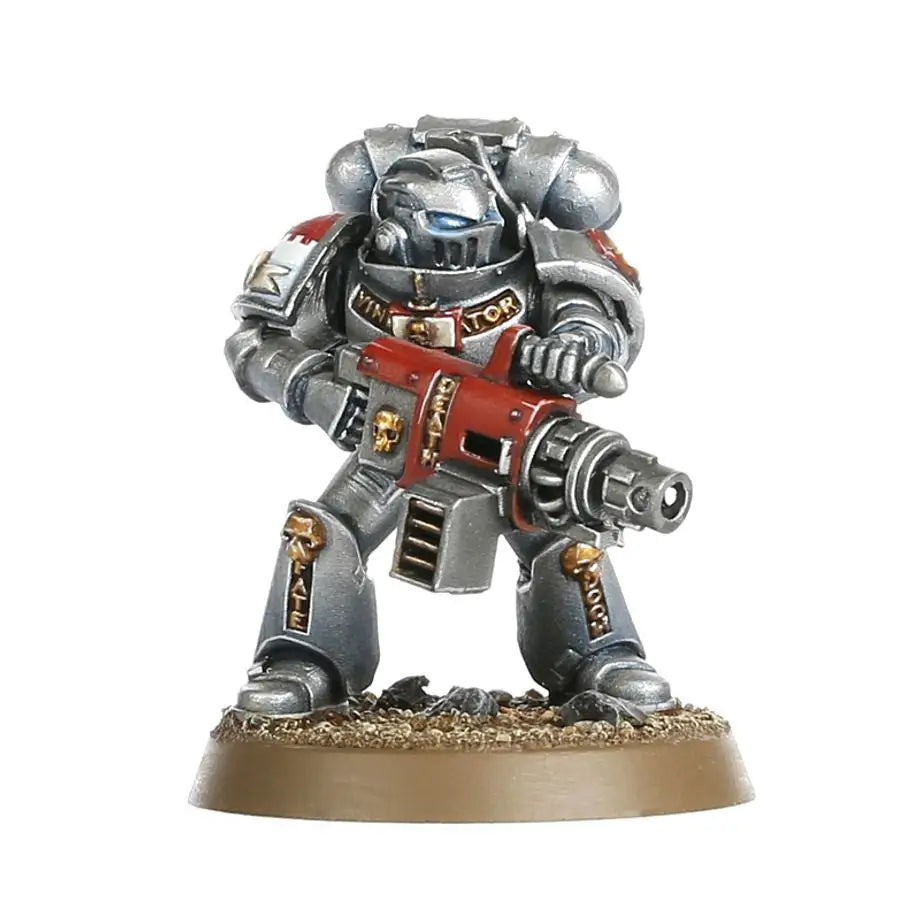 Silver and red Grey Knights Strike miniature figure with detailed armor from Warhammer Grey Knights