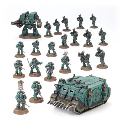 Green Warhammer 40,000 Legiones Astartes combat force with infantry dreadnought and tank