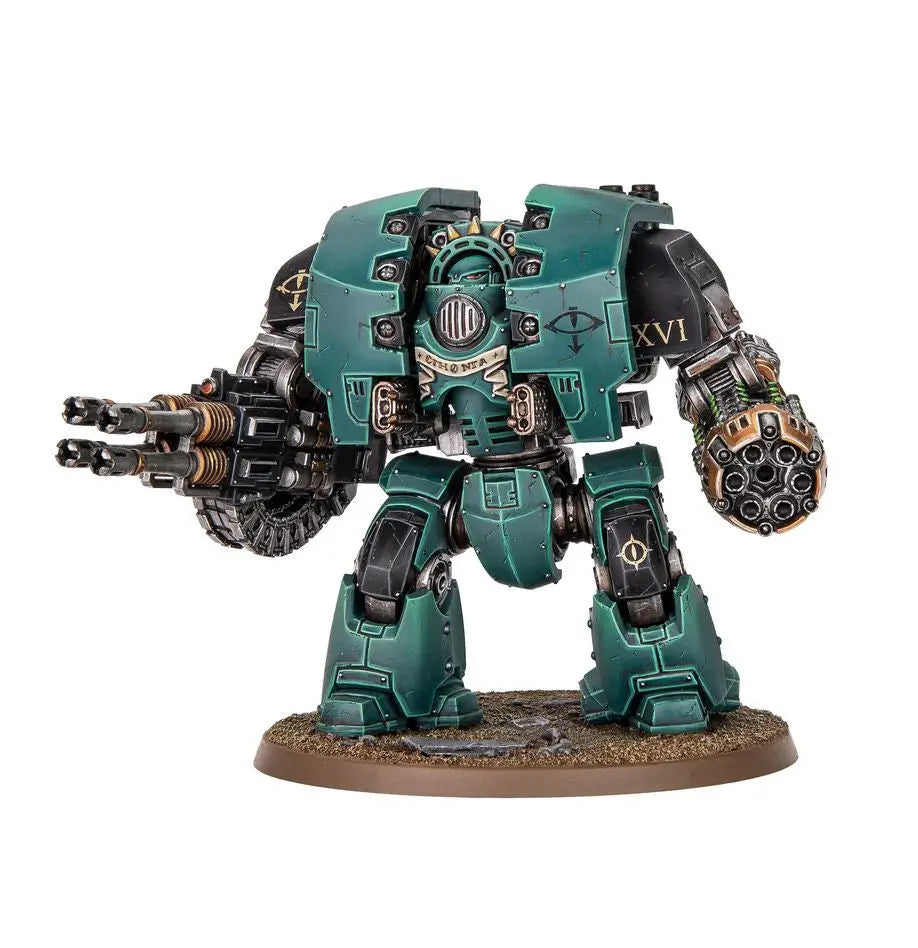 Dark green armored Warhammer Legiones Astartes combat robot with multi-barrel gun and power fist