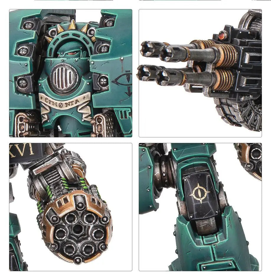Multi-panel view of teal and black heavily armed miniature robot from Warhammer HORUS HERESY Legiones Astartes combat force