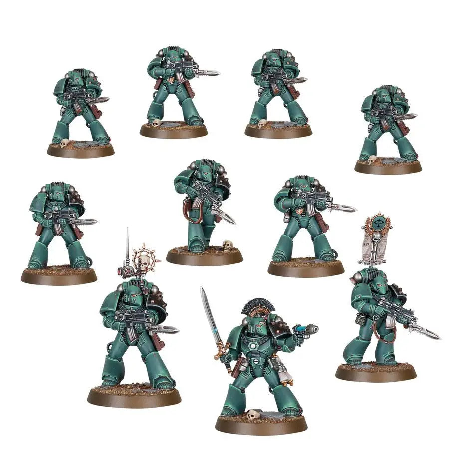 Dark green Warhammer Legiones Astartes miniature combat force with tactical and heavy support squads