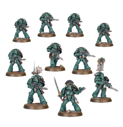 Dark green Warhammer Legiones Astartes miniature combat force with tactical and heavy support squads
