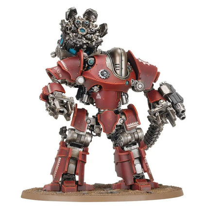 Crimson-armored Mechanicum combat robot with shock chargers and Thanatar Cavas siege-automata features