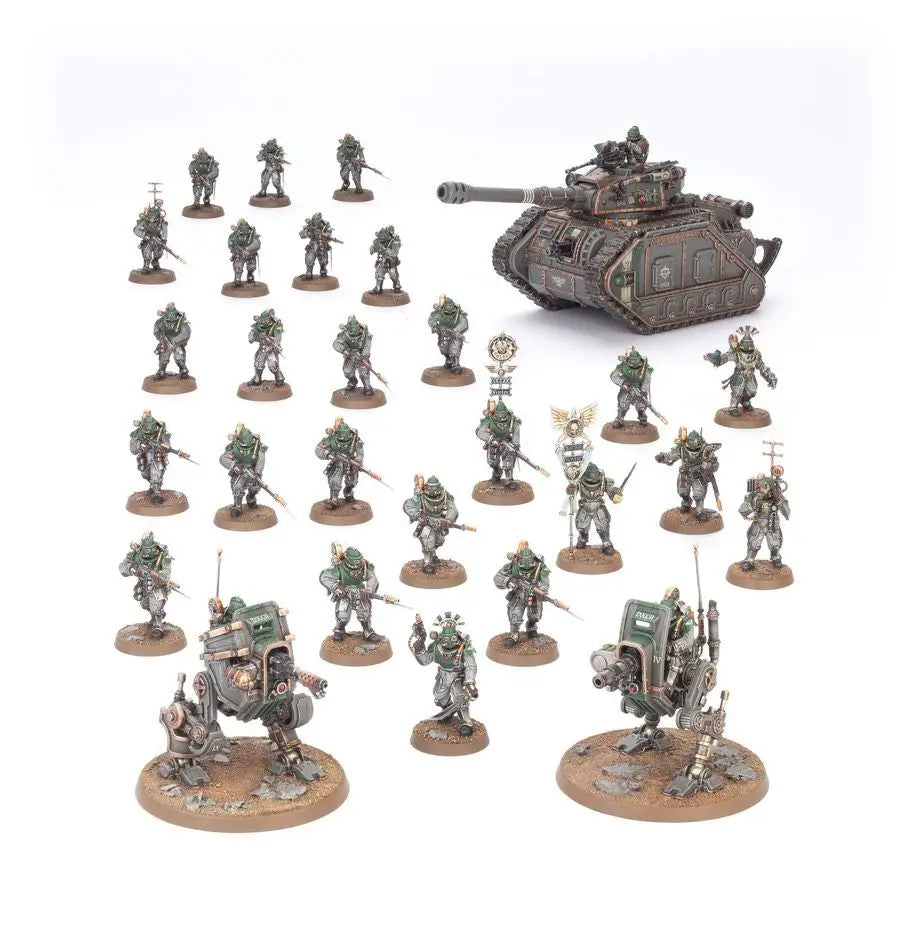 Miniature wargaming figures including infantry tank and walkers from Warhammer HORUS HERESY Solar Auxilia Combat Force with tactical command section