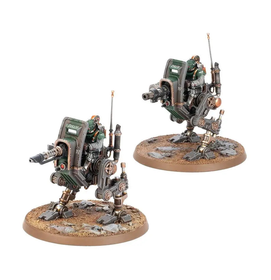 Miniature sci-fi war walkers with heavy weapons from Warhammer HORUS HERESY Solar Auxilia command section
