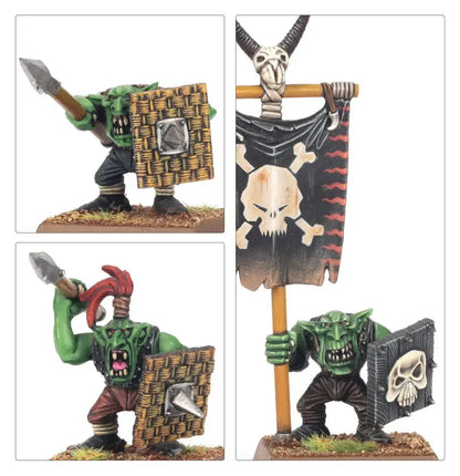 Painted Orc and Goblin Tribes miniatures with skull designs for tabletop gaming