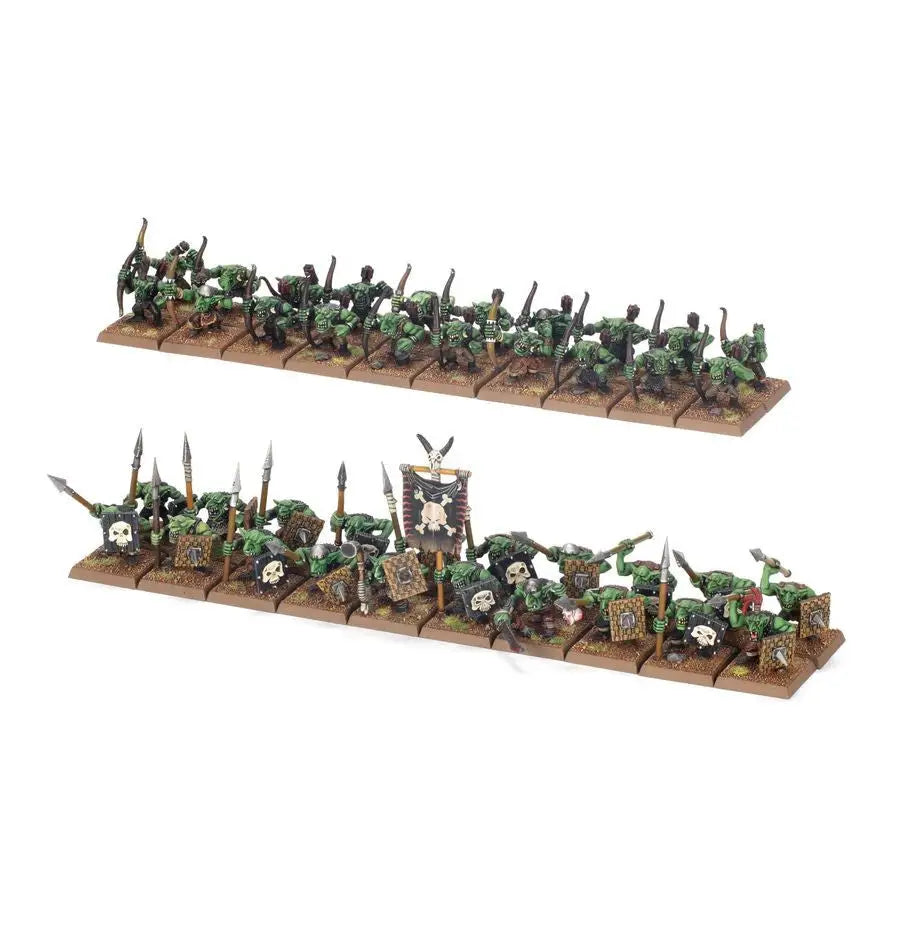 Painted miniature Goblin warriors for Warhammer Goblin Tribes, ideal for tabletop gaming
