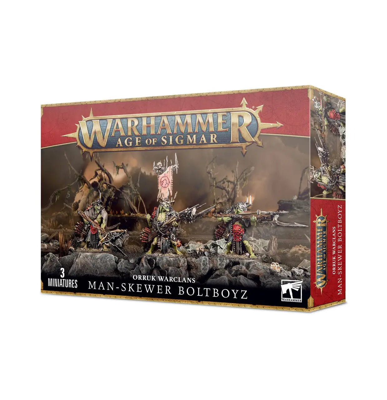 Warhammer Age of Sigmar Orruk Warclans Man Skewer Boltboyz game box with miniatures