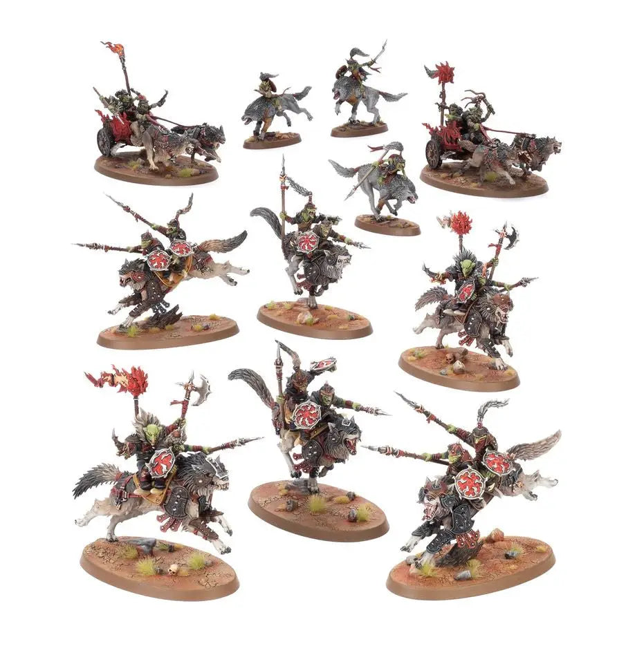 Miniature fantasy wargame figures featuring Snarlpack Huntaz and Wolf Riders for Warhammer SPEARHEAD SNARLPACK HUNTAZ