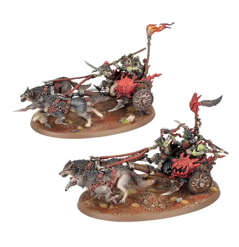 Miniature fantasy chariots with wolf-pulled snarlpack cavalry and huntaz figures in Warhammer SPEARHEAD SNARLPACK HUNTAZ
