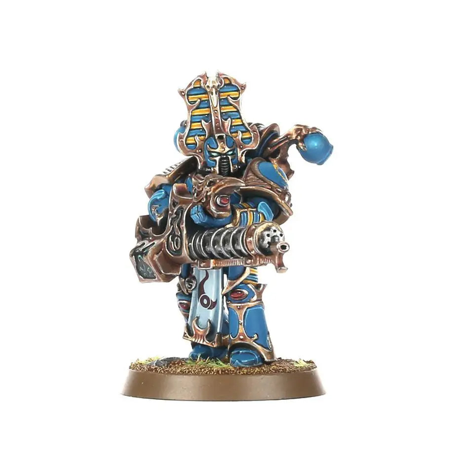 Miniature Blue and Gold Armored Warhammer Rubric Marines with Elaborate Headdress