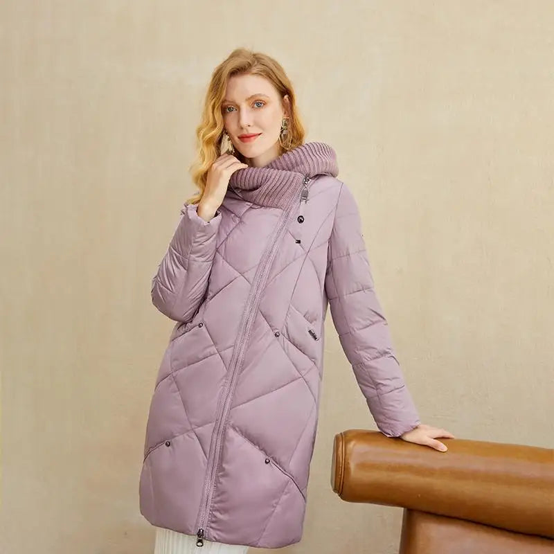 Warm elegant women quilted purple puffer coat with ribbed collar and asymmetrical zipper