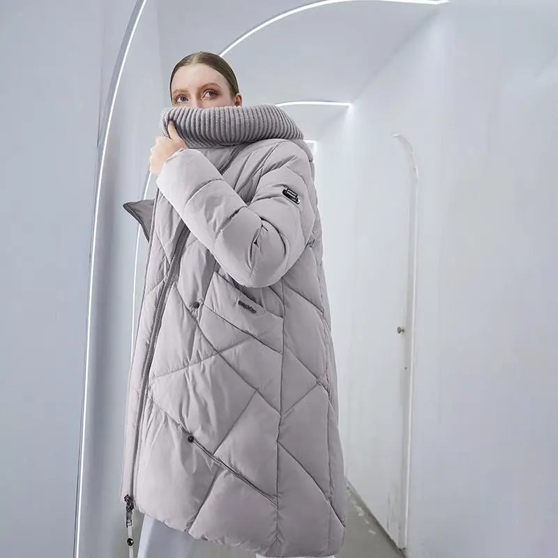 Light gray quilted long puffer coat with ribbed high collar, warm elegant women coat