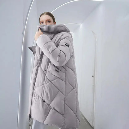 Light gray quilted long puffer coat with ribbed high collar, warm elegant women coat