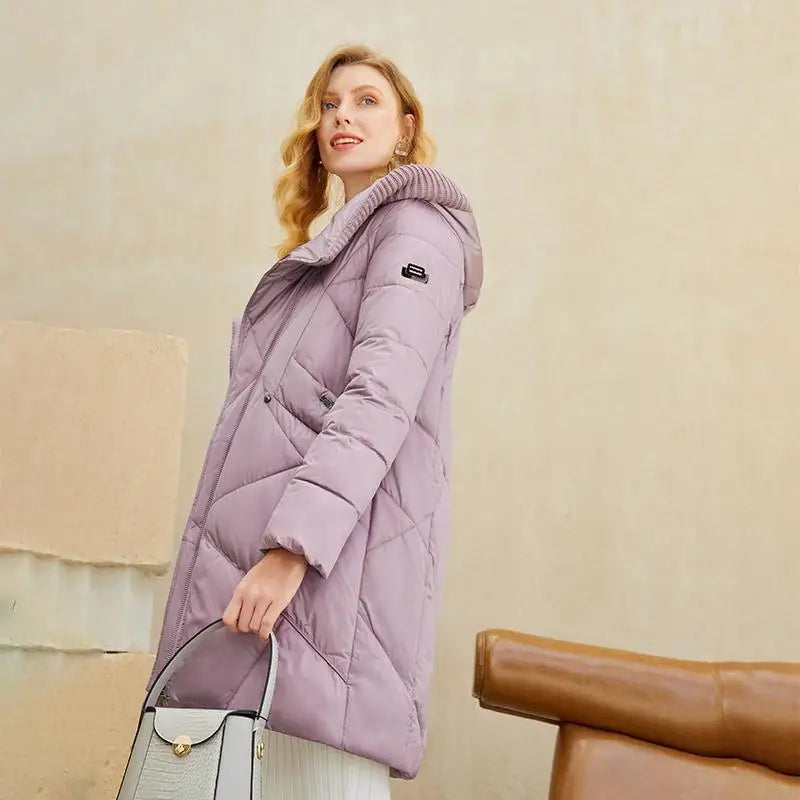 Warm elegant women lavender quilted hooded knee-length puffer coat women coat jacket