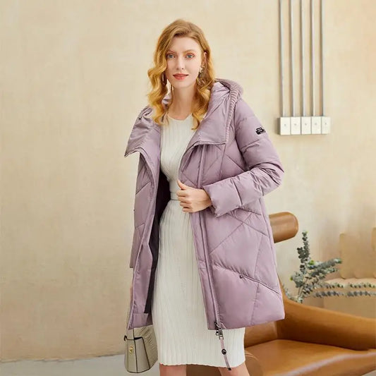 Lavender quilted puffer coat with hood and diagonal stitching for women, warm elegant women coat