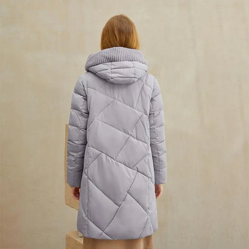Light grey quilted puffer coat with hooded ribbed collar, warm elegant women coat