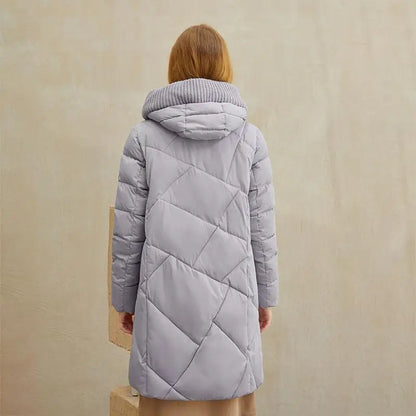 Light grey quilted puffer coat with hooded ribbed collar, warm elegant women coat