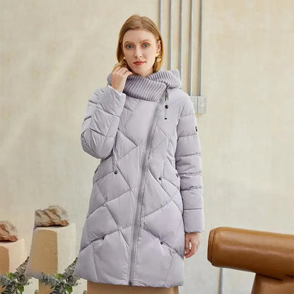 Warm elegant women coat with long puffer design, asymmetrical zipper, and ribbed collar