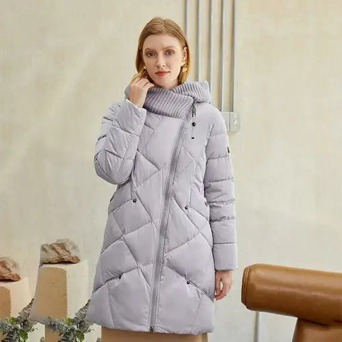 Warm elegant women coat jacket with quilted down, knit collar, and asymmetrical zipper