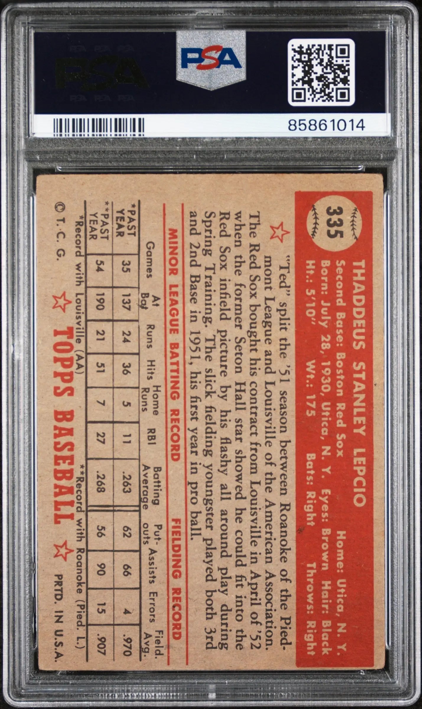 Warren Hacker 1952 Topps #324 baseball card in PSA protective case, red and beige design