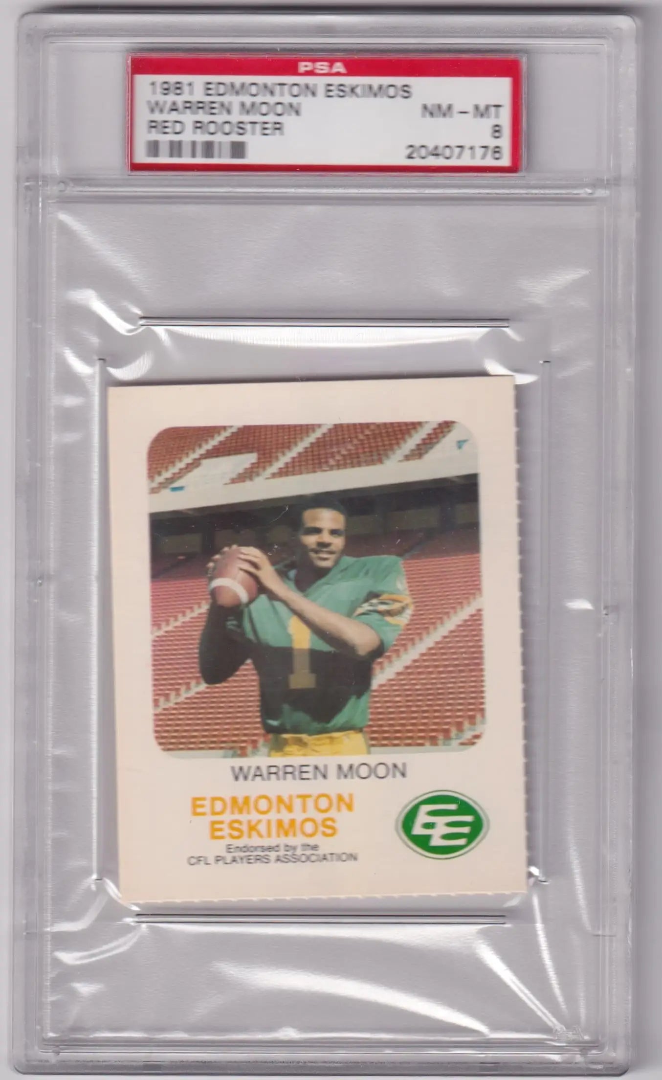 Graded Warren Moon 1981 Red Rooster Edmonton Eskimos Rookie Card Columbia Hobby PSA 8