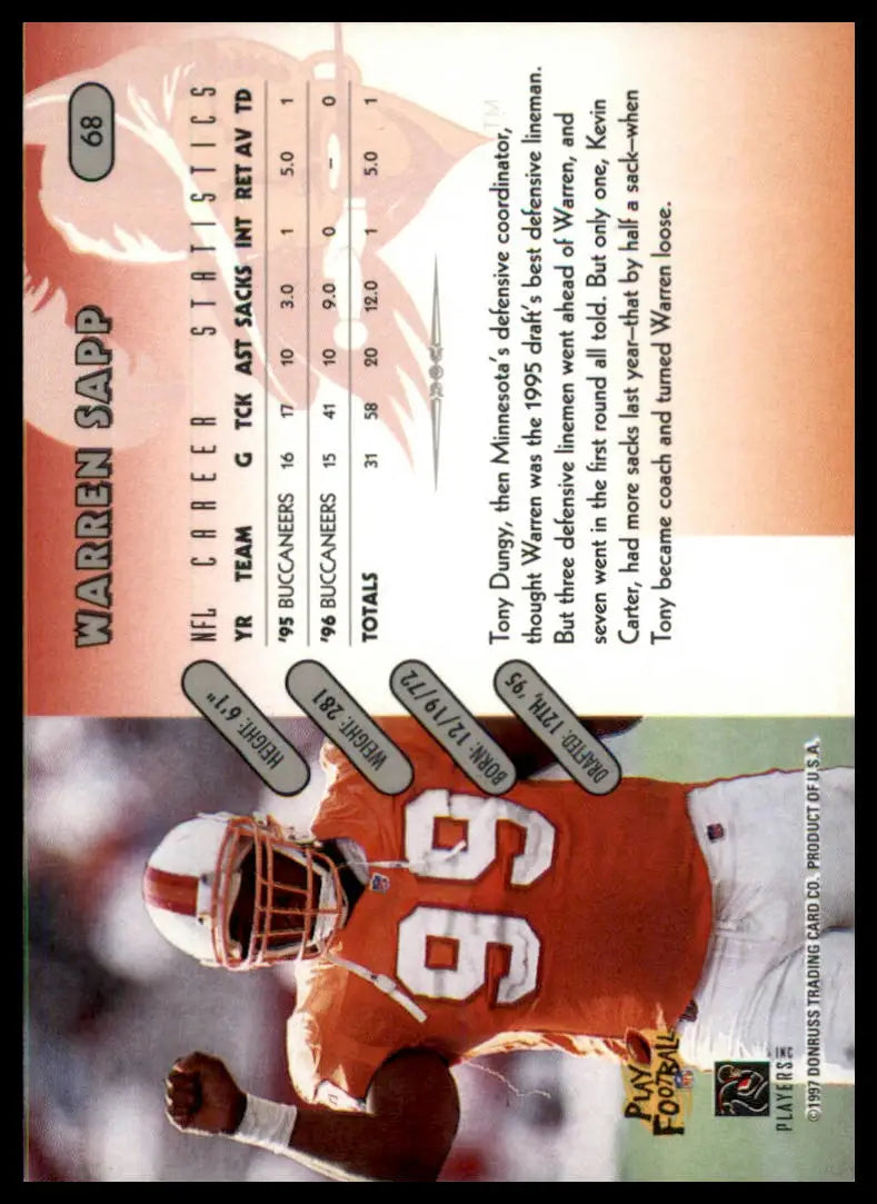 Warren Sapp football card from 1997 Donruss Tampa Bay Buccaneers series