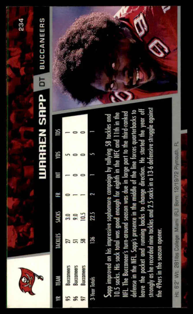 Football card back featuring Warren Sapp from 1998 Upper Deck Tampa Bay Buccaneers
