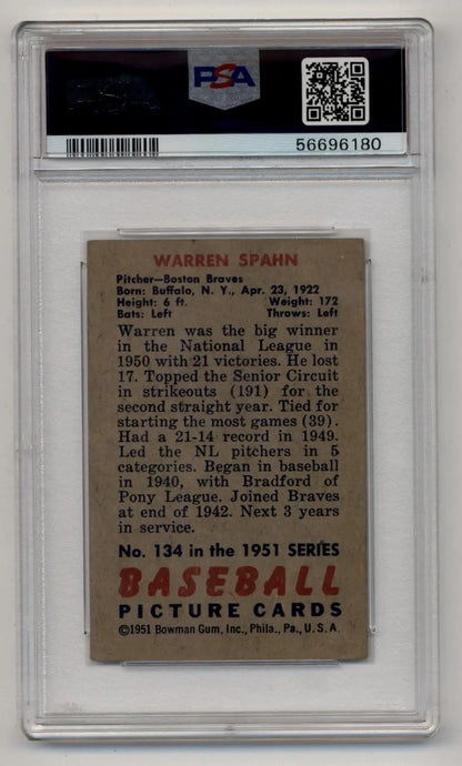 Graded vintage Warren Spahn baseball card 1951 Bowman PSA 4 Very Good-Excellent