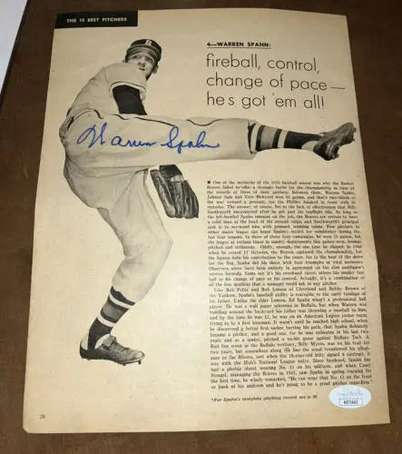 Warren Spahn autographed sport magazine page from 1950 Boston Braves JSA certified