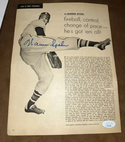 Warren Spahn autographed sport magazine page from 1950 Boston Braves JSA certified