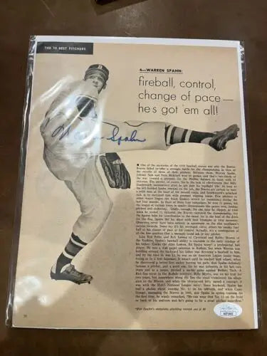 Warren Spahn autographed sport magazine page for Boston Braves collectible display