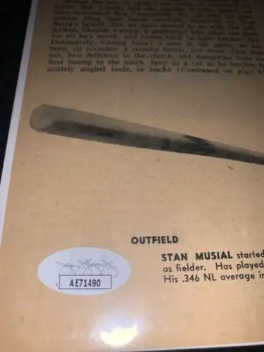 Stan Musial baseball card featured in Warren Spahn Signed Auto Sport Magazine Page