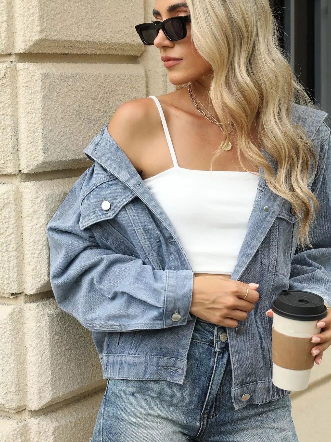 Washed Button Up Hooded Denim Jacket - Blue / S