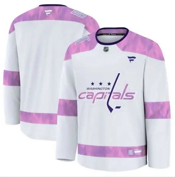 White and pink Washington Capitals hockey fights cancer practice jersey