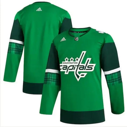 Green Washington Capitals adidas hockey jersey with plaid accents for St. Patrick’s Day