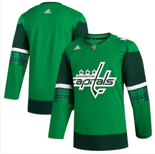 Green Washington Capitals adidas hockey jersey with plaid accents for St. Patrick’s Day