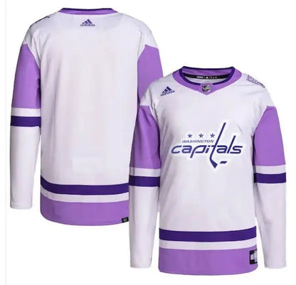 White and purple Washington Capitals adidas hockey jersey for practice and fans