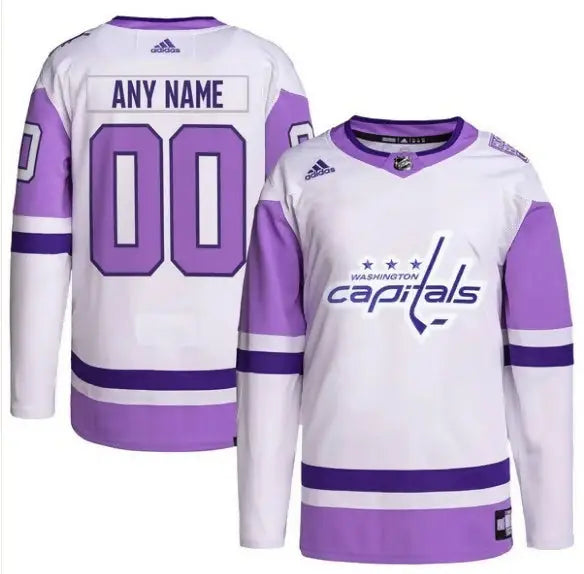White and purple Washington Capitals adidas hockey jersey for Hockey Fights Cancer event