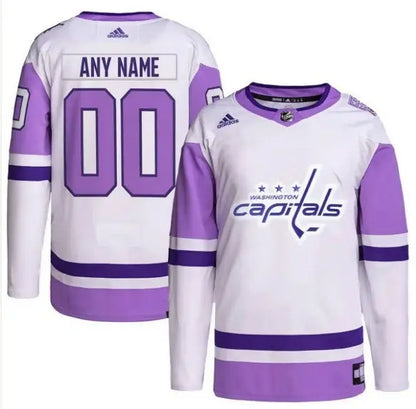 White and purple Washington Capitals adidas hockey jersey for Hockey Fights Cancer event