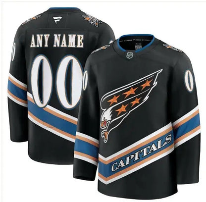 Black Washington Capitals premium custom jersey with eagle team logo and blue orange stripes