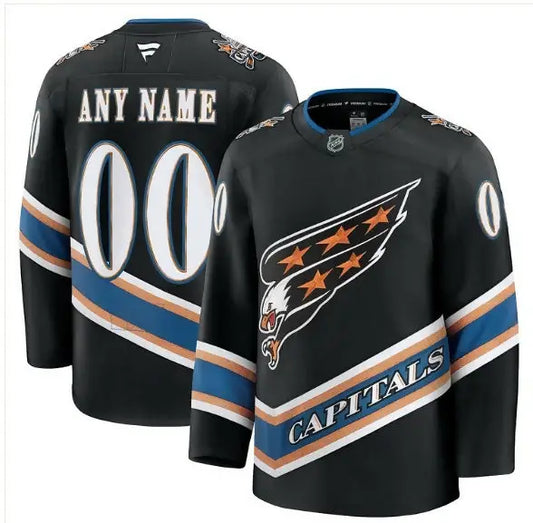 Black Washington Capitals premium custom jersey with eagle team logo and blue orange stripes