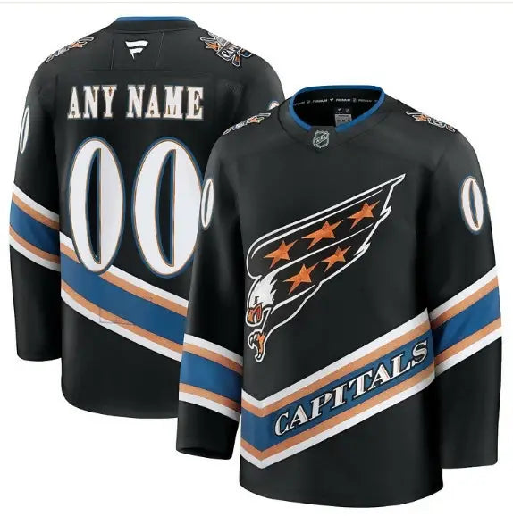 Washington Capitals Home Premium Custom Jersey featuring black design with white eagle logo and orange stars