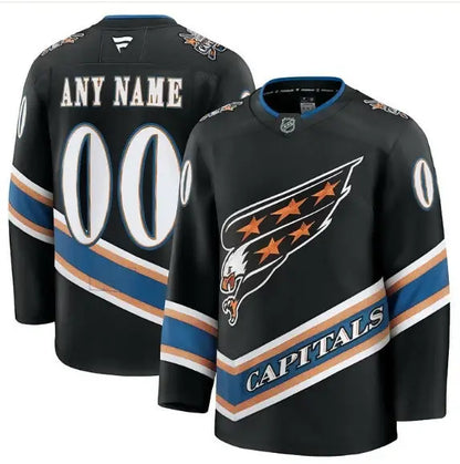 Washington Capitals Home Premium Custom Jersey featuring black design with white eagle logo and orange stars