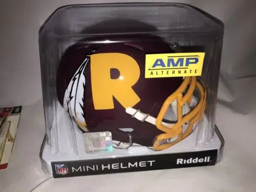 Maroon and gold Washington Redskins Riddell Official Mini Helmet in display case