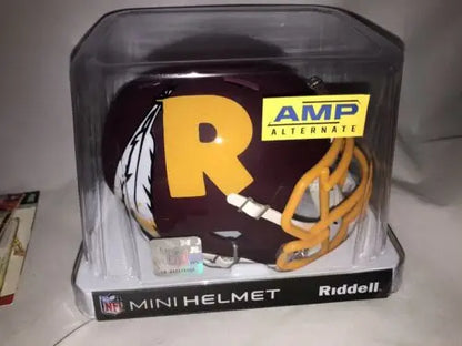 Maroon and gold Washington Redskins Riddell Official Mini Helmet in display case