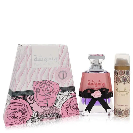 Pink and black perfume set with floral design from Lattafa Eau De Parfum Spray