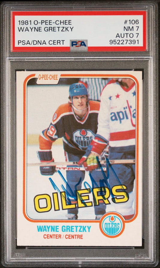Graded and authenticated Wayne Gretzky hockey card with autograph PSA 7 in perfect condition
