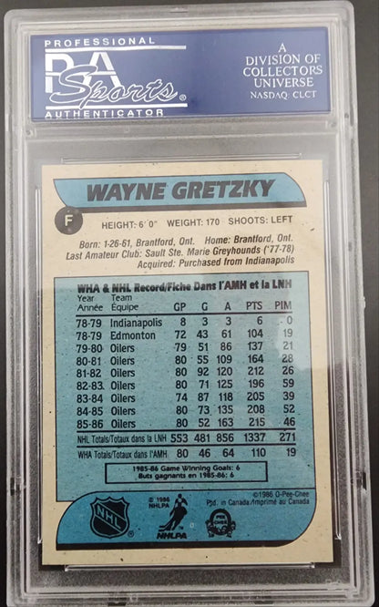 Graded Wayne Gretzky hockey card showing box bottoms PSA from 1986 O-Pee-Chee collection