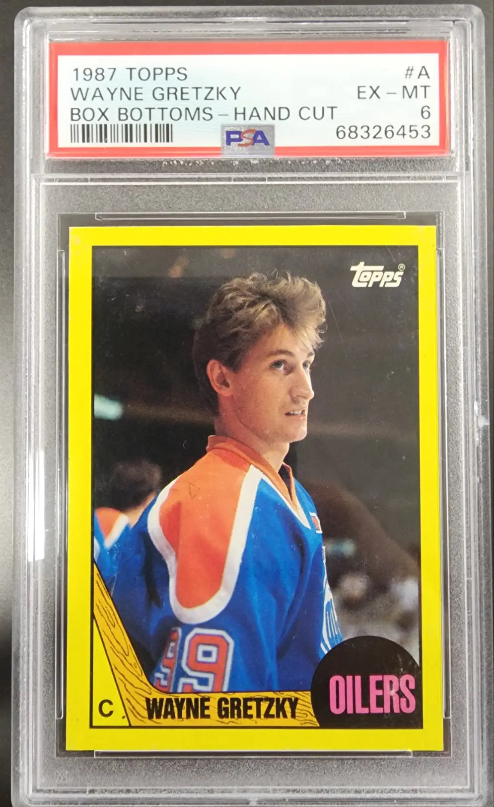 Graded Wayne Gretzky hockey card from 1987 Topps box bottoms PSA 6 Ex-Mint